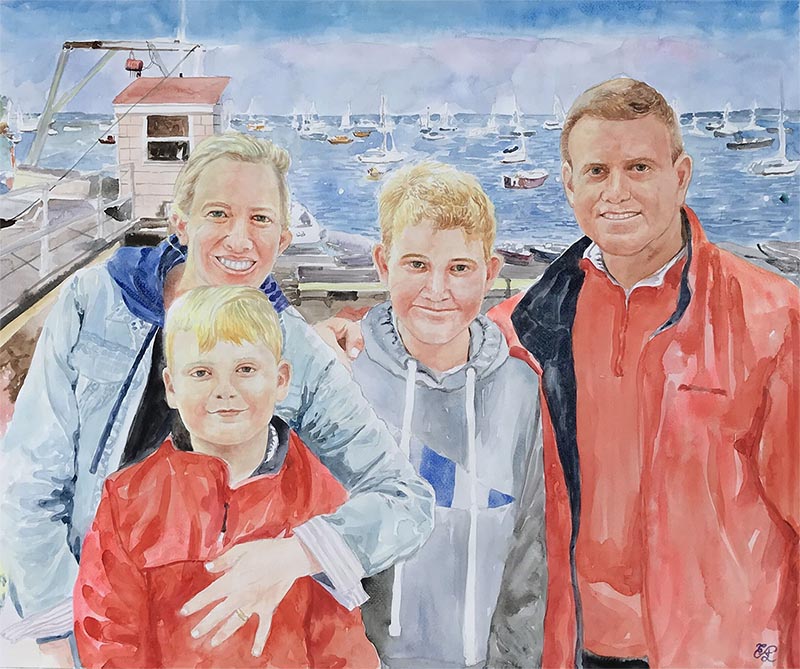 a watercolor painting of a family near the lake 