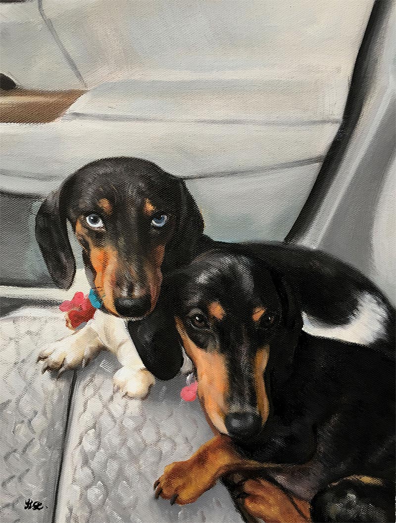 Painting of two dachshunds in a car seat.