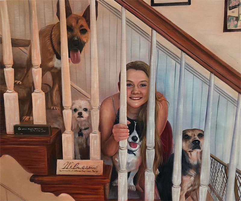 an oil painting of girl with many dogs on stairs 