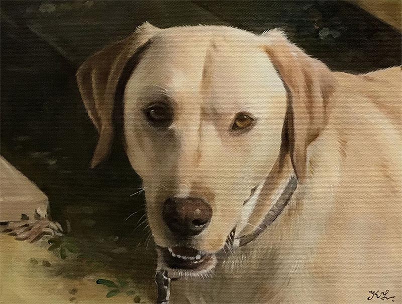 an oil painting of a white lab