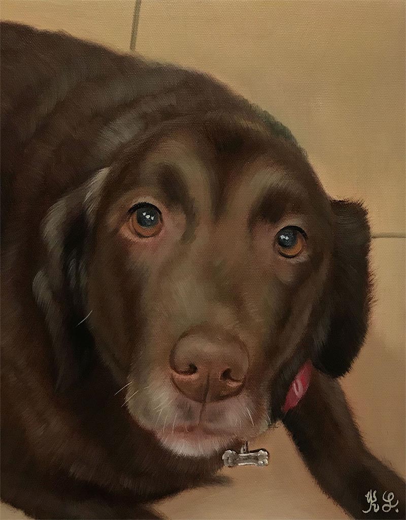 an oil painting of a brown dog lab
