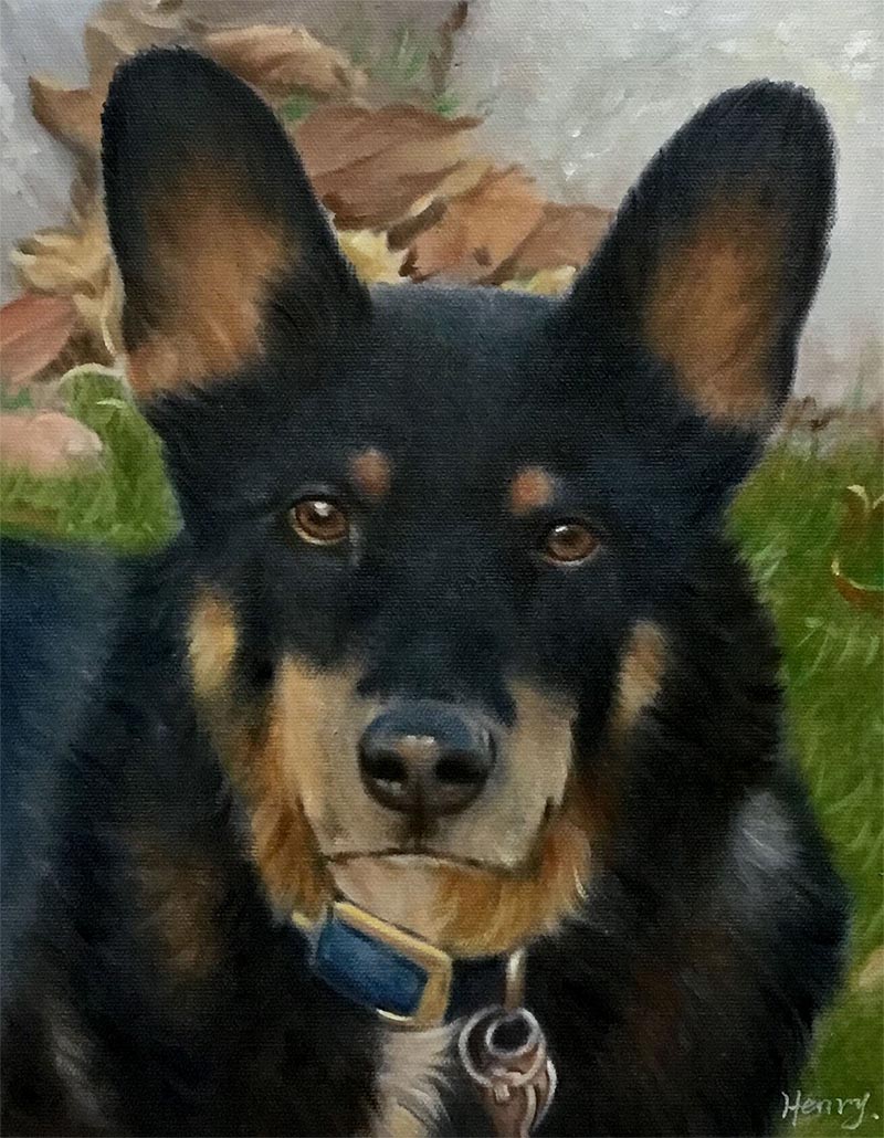 an oil painting of a brown black dog 