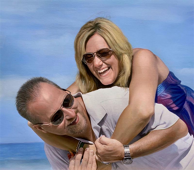 Painting of a woman piggybacking a man on a beach