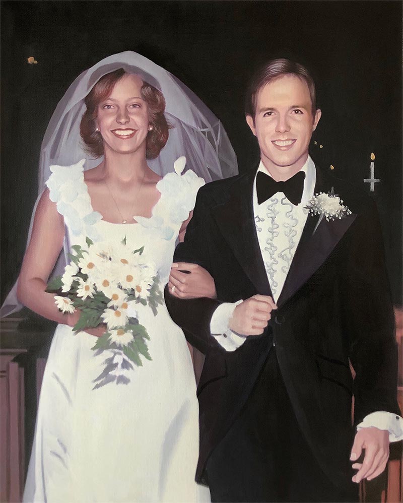 an oil painting of groom and bride old vintage 