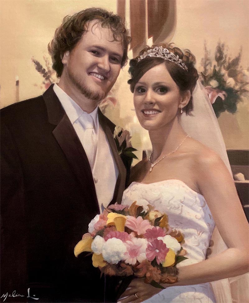 Painted portrait of a bride and groom on their wedding day.