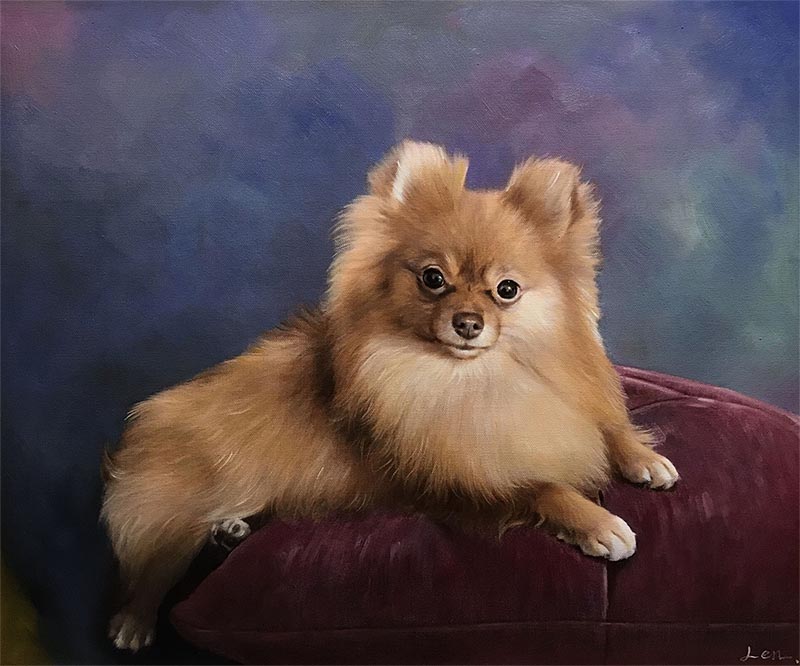 Painting of a Pomeranian dog on a purple cushion.