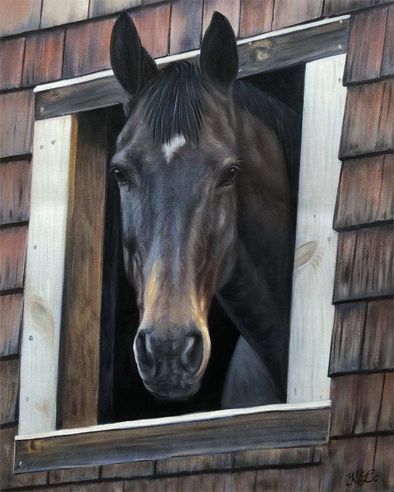 an oil painting of a horse head out of window