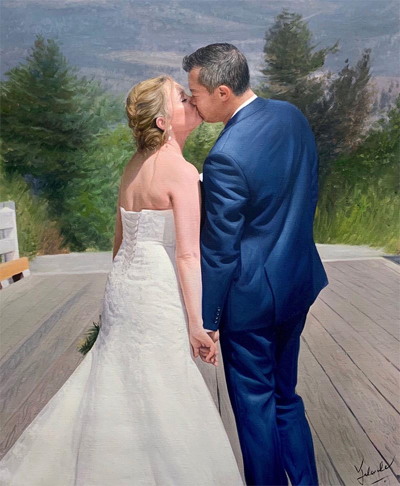 Painting of a bride and groom kissing, bride in white dress, groom in blue suit, outdoor setting.