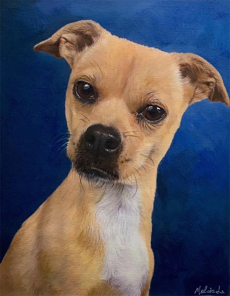 an oil painting of a dog blue dark background 