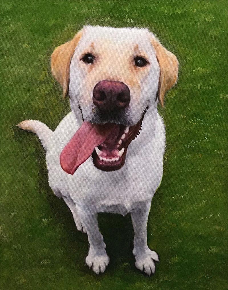 Painting of a happy yellow Labrador Retriever with its tongue out, sitting on green grass.