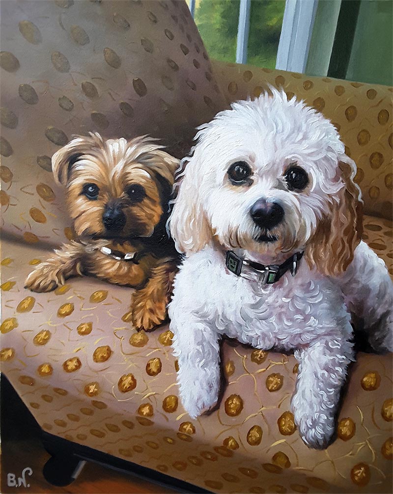 an oil painting of two dogs white and brown in an armchair 