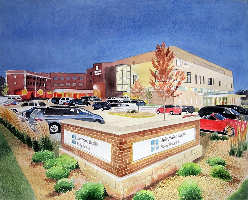a watercolor painting of a hospital 