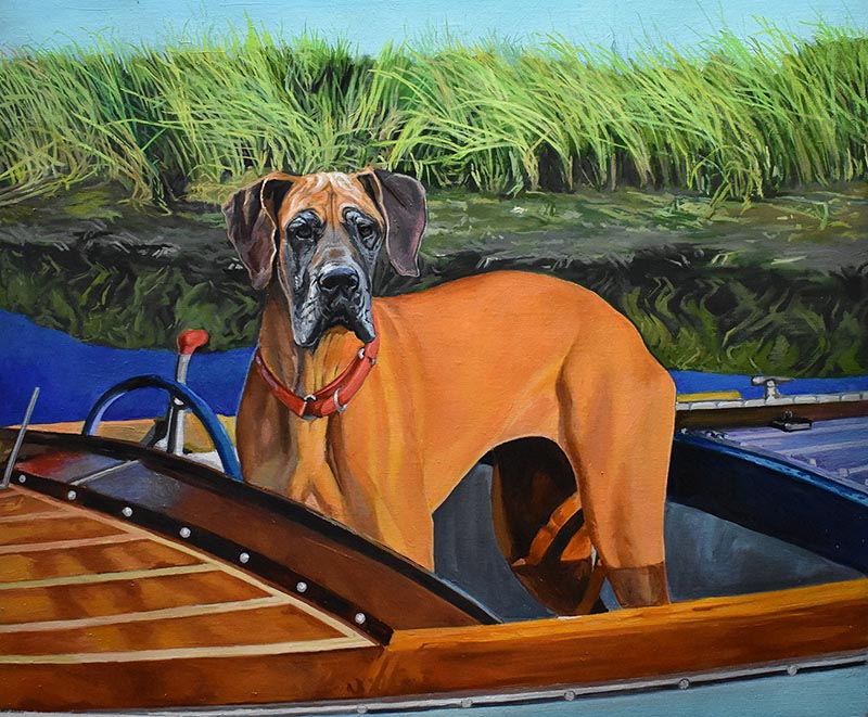 an oil painting of a dog in a boat
