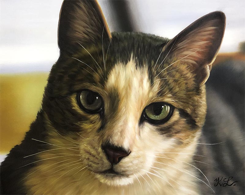 Close-up painting of a calico cat with green eyes.