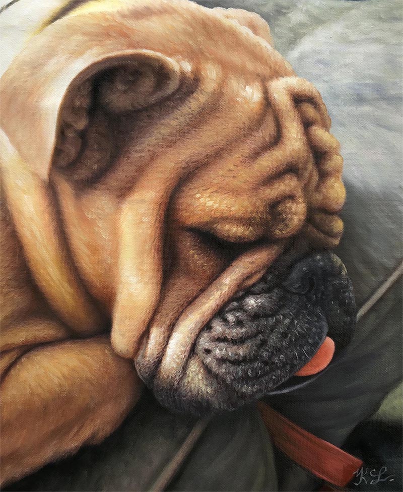 Painting of a sleeping bulldog.
