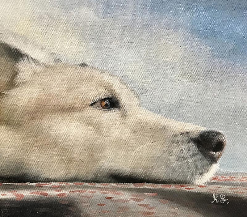 an oil painting of a white husky on the floor 