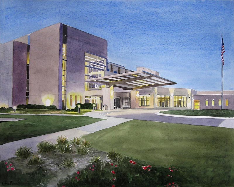 a watercolor painting of a hospital 