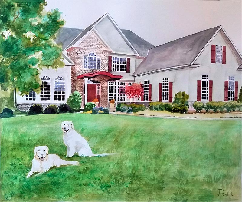 a watercolor painting of a house and dogs in the yard turn photos into painting