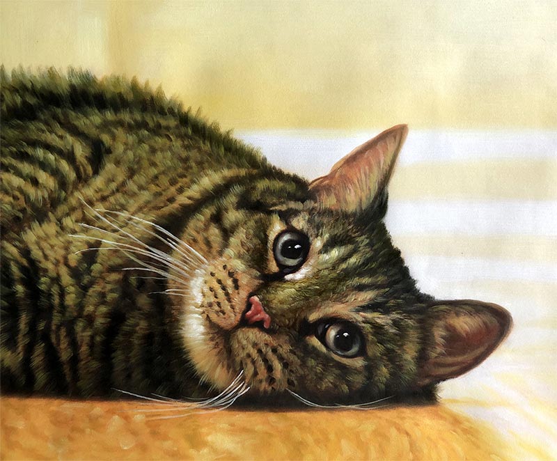 an oil painting of a tabby cat on flooor canvas art