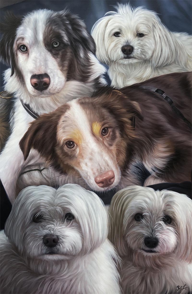 an oil painting of dogs together border collie turn multiple photos into one painting