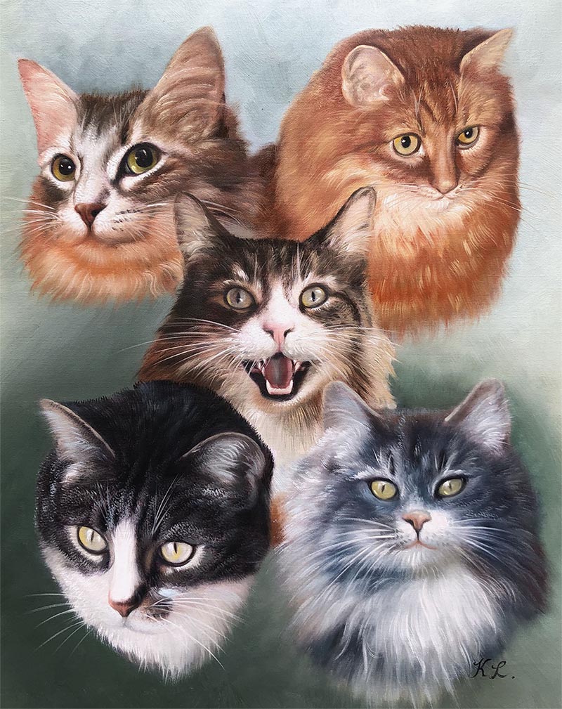 Painting of five cats in a collage.