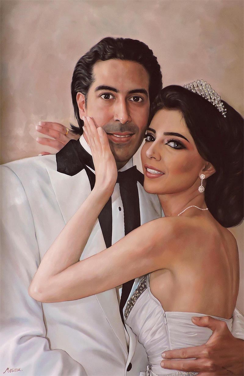 an oil painting of a wedding couple hugging