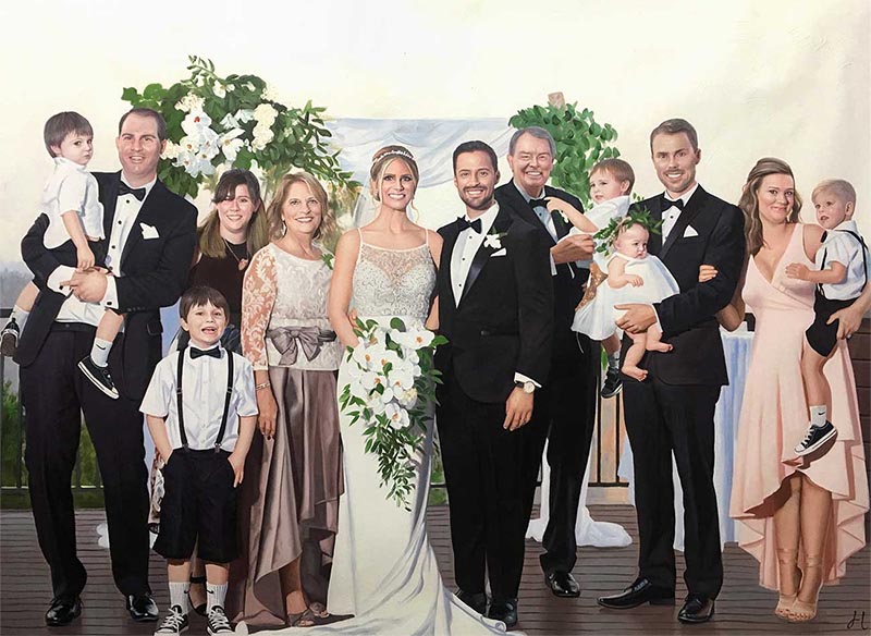 an oil painting of a group photo at the wedding