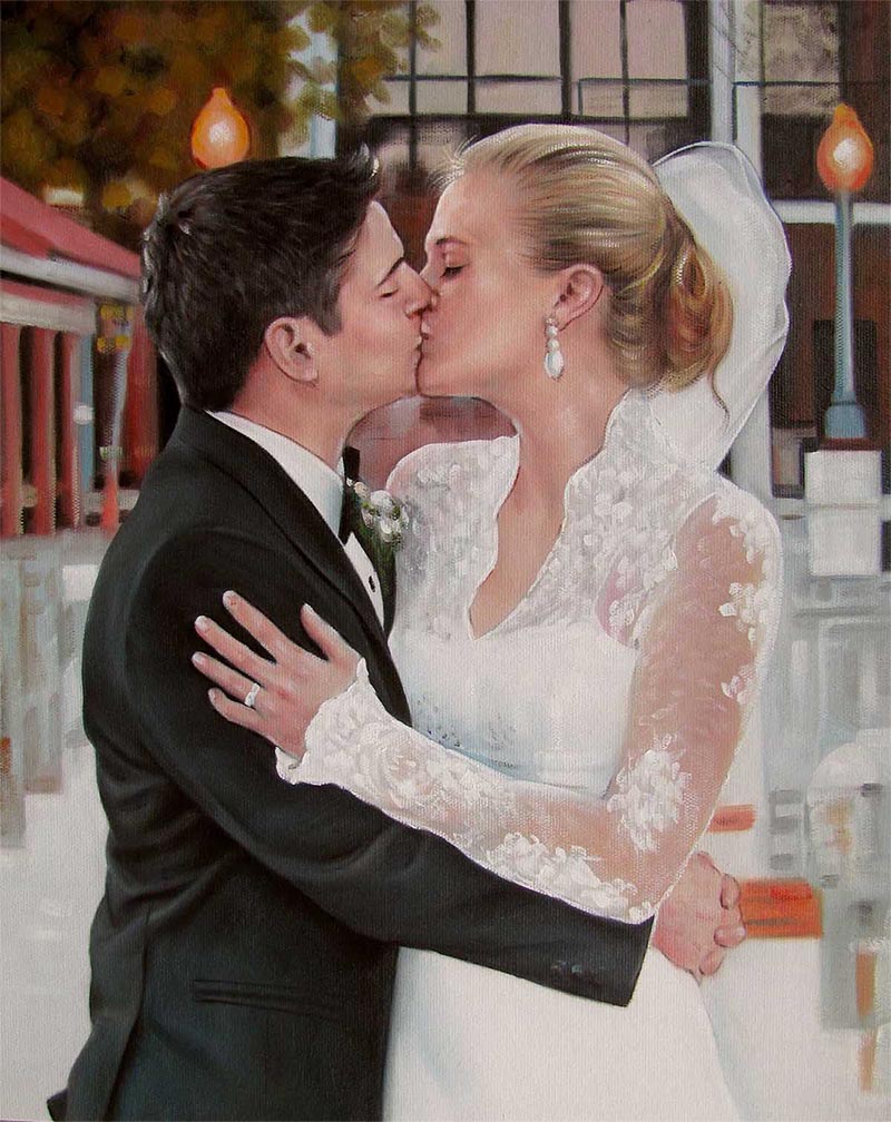 an oil painting of a couple at the wedding kissing