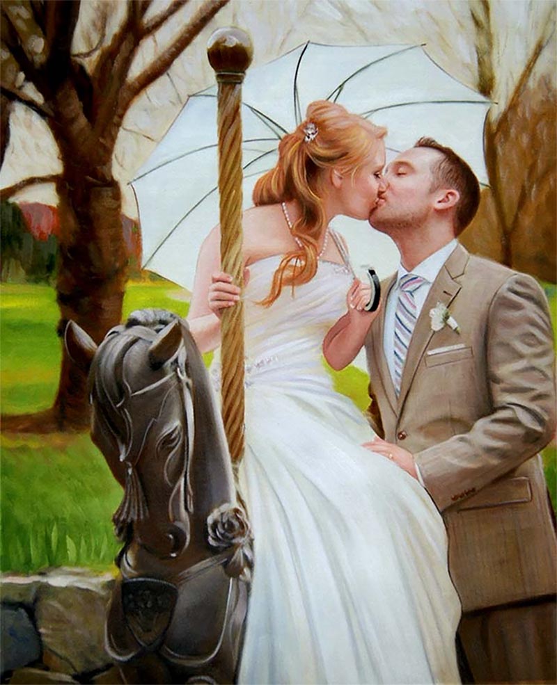 an oil painting of a couple on the wedding kissing 