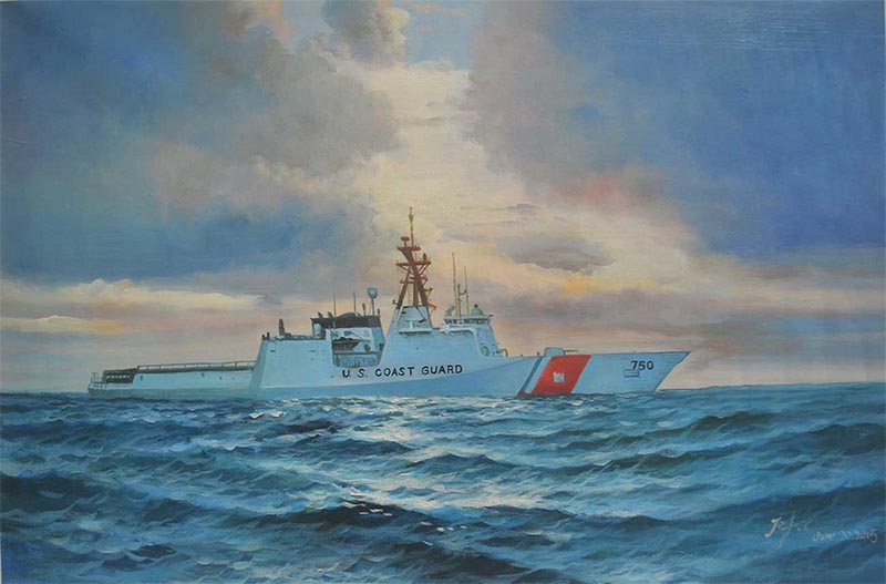 Painting of a U.S. Coast Guard cutter at sea under a cloudy sky.