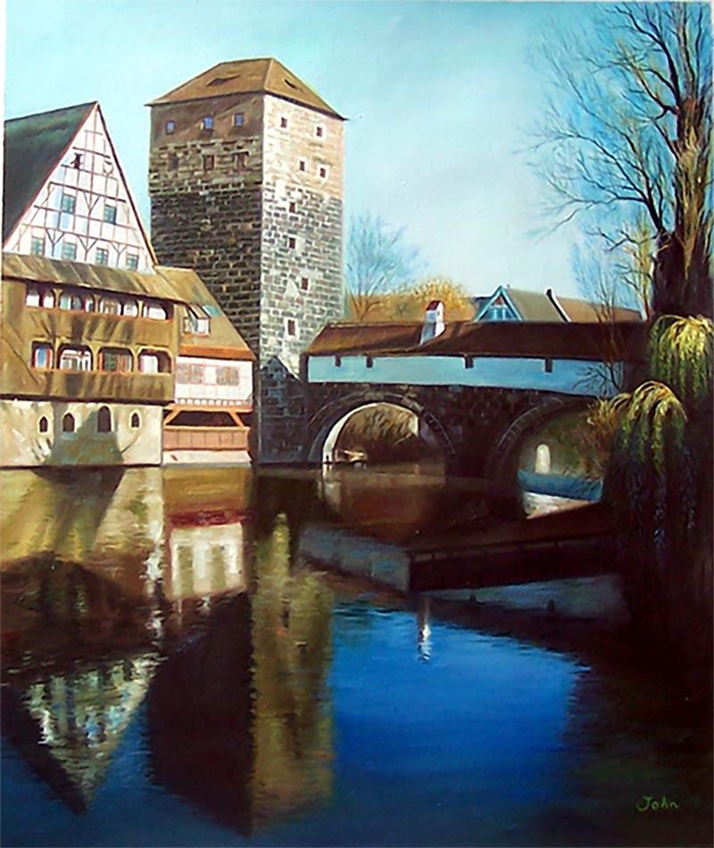Painting of a stone tower and bridge reflected in water.