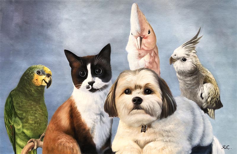Painting of a cat, dog, and three parrots.