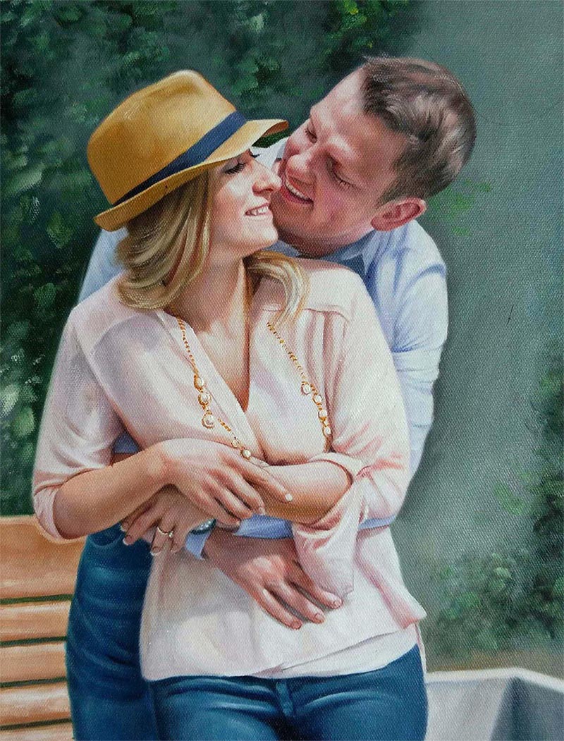 an oil painting of a couple hugging