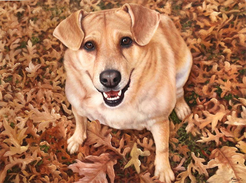 custom acrylic painting of blonde dog outdoors on a fall day