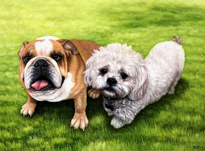 Painting of a bulldog and a small fluffy white dog on green grass.