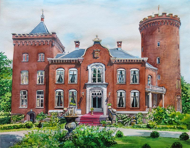 custom watercolor painting Sterkenburg castle in Driebergen