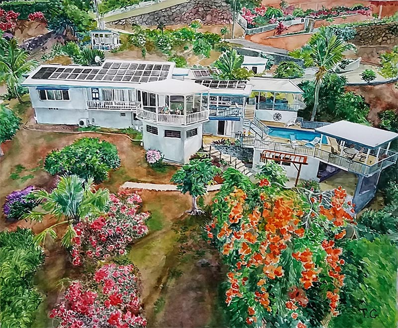 custom watercolor painting of a Caribbean house