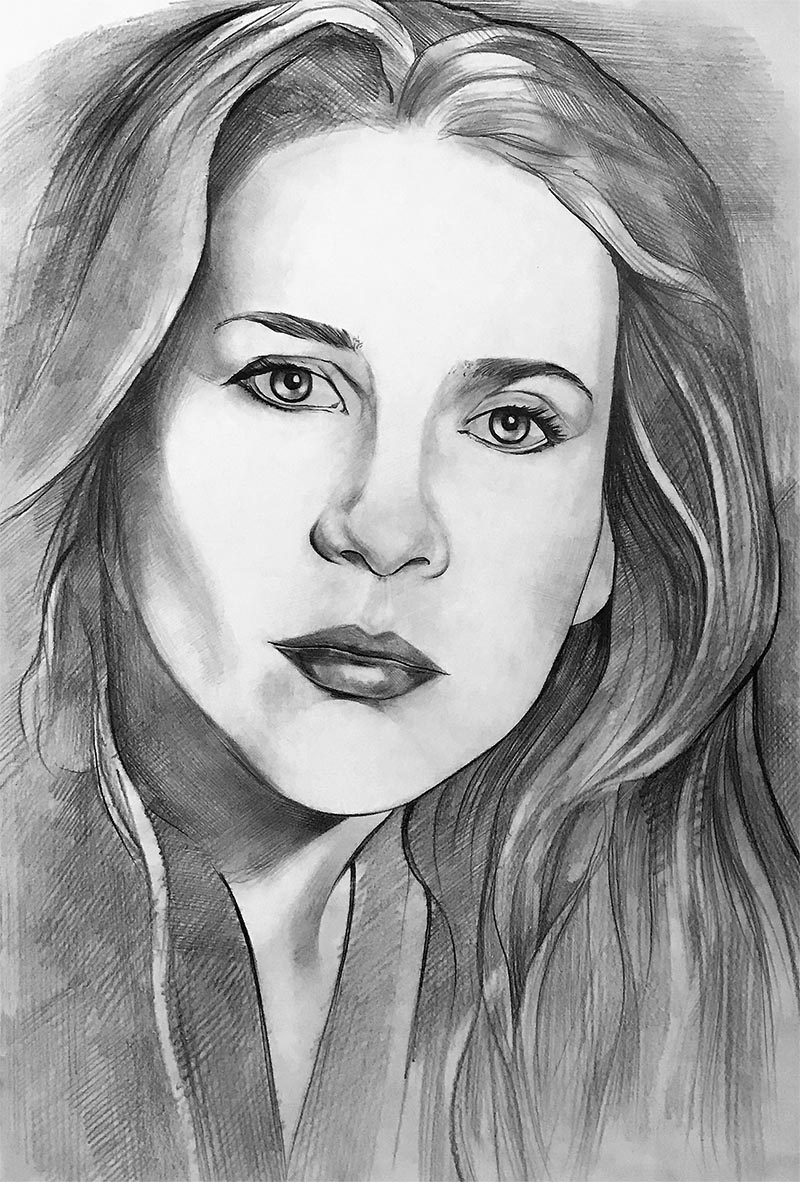 custom pencil portrait of a woman with long hair