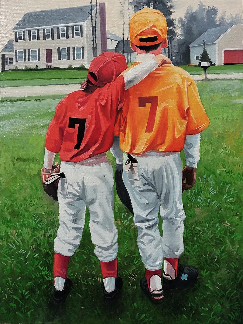 a custom oil painting of two brothers baseball