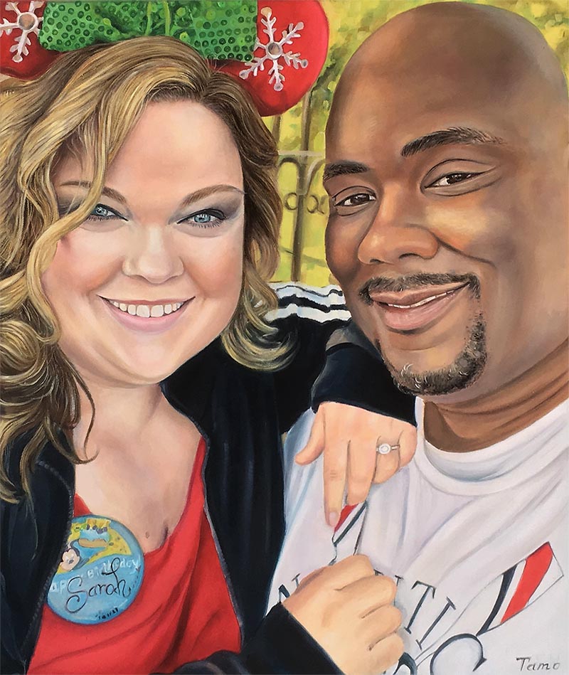 oil painting of couple black man and white woman at Disney