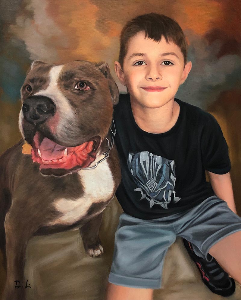 custom oil painting of dog and child