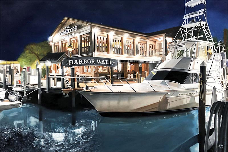 an oil painting of an yacht in the harbor