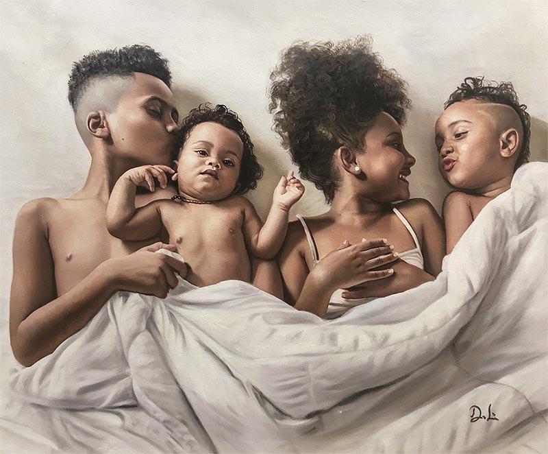 a custom oil painting of siblings in the bed