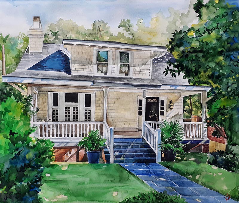 custom watercolor painting of a house with blue hue