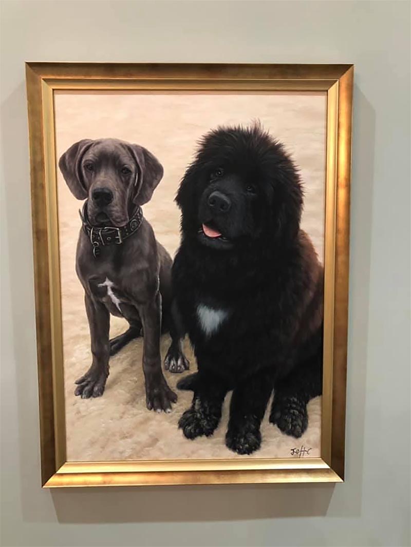 a custom oil painting of skinny and furry dogs