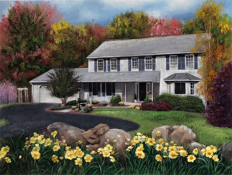 Handmade oil painting grey house