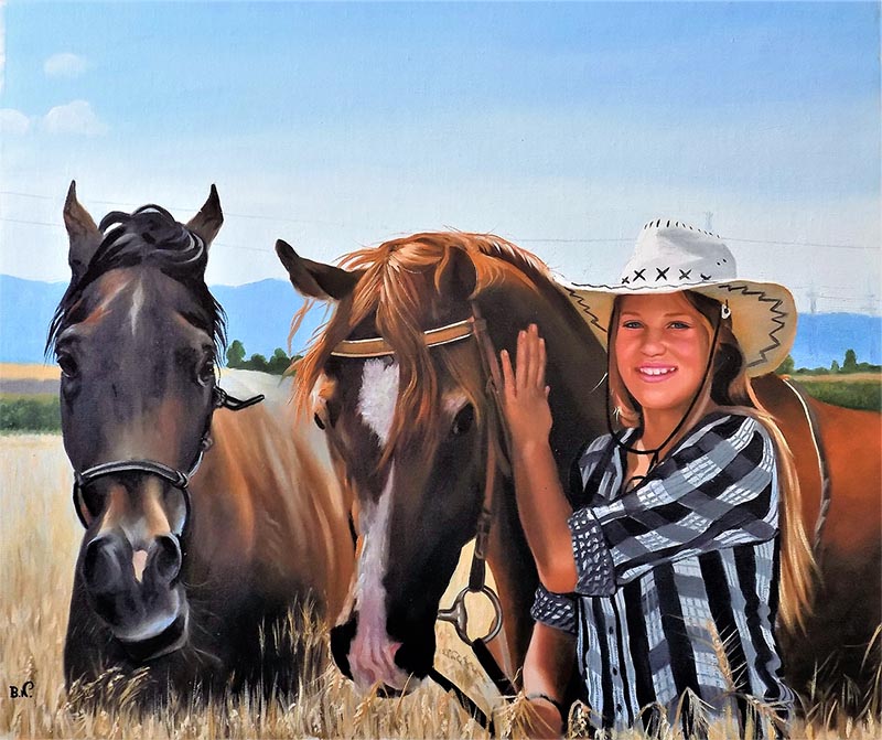 photo to oil painting two horses and girl with cowboy hat