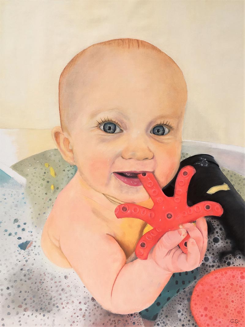 a custom oil painting of a toddler having a bath