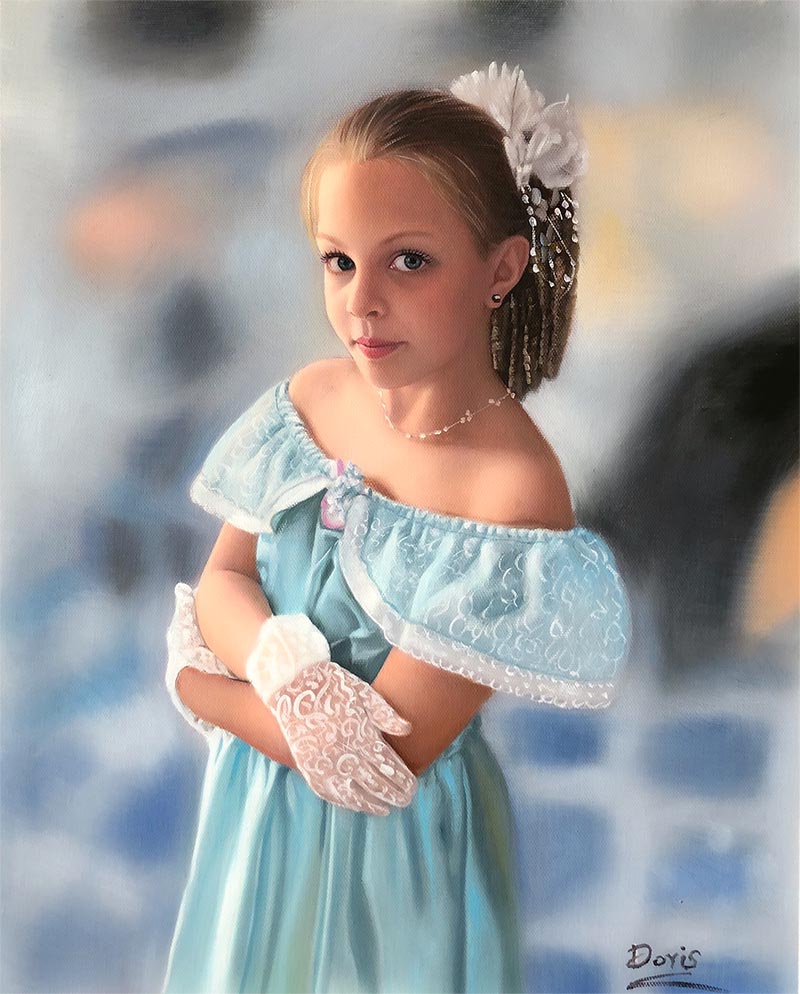 an oil painting of a young girl in a light bleu dress