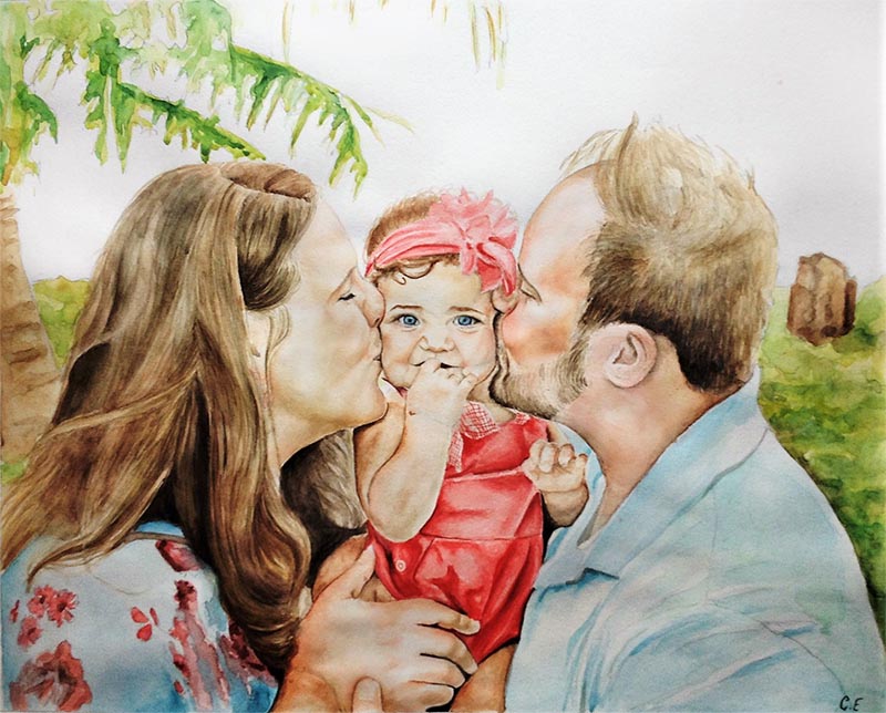 custom watercolor painting of parents kissing cheeks of baby